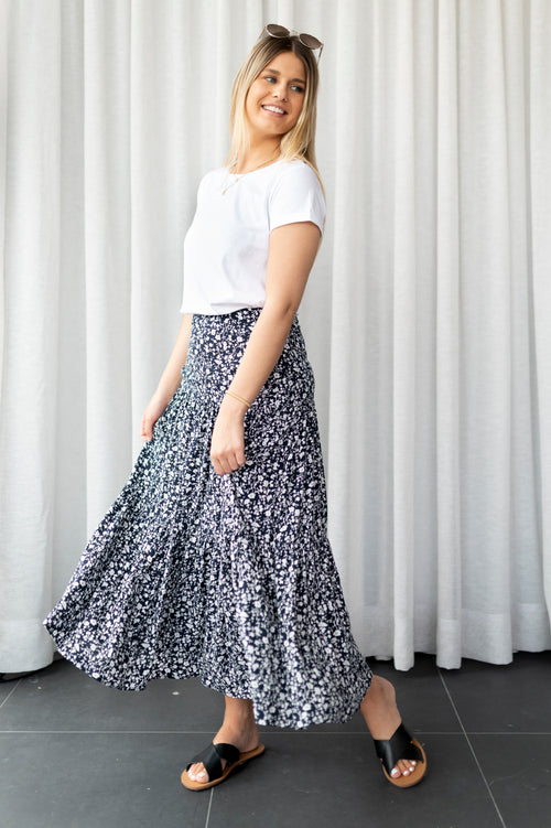 Blazing Navy Floral Vines Tiered Midi Skirt WW Skirt Among the Brave   