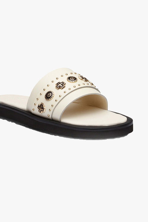 Cleo Off White Leather Slide with Gold Charms ACC Shoes - Slides, Sandals Solsana   