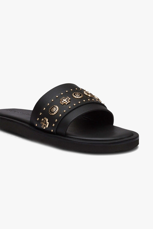 Cleo Black Leather Slide with Gold Charms ACC Shoes - Slides, Sandals Solsana   