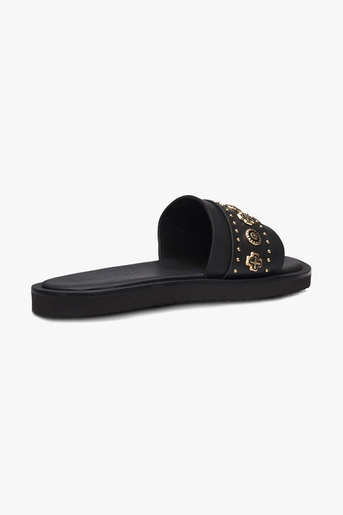 Cleo Black Leather Slide with Gold Charms ACC Shoes - Slides, Sandals Solsana   