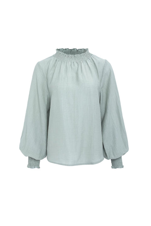 Embrace Sage Crinkle LS High Neck Shirred Puff Sleeve Top WW Top Among the Brave   