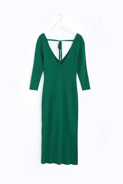 Equinox Kelly Green Half Sleeve V Neck Tie Back Rib Knit Midi Dress WW Dress Among the Brave   