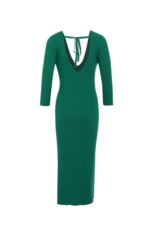 Equinox Kelly Green Half Sleeve V Neck Tie Back Rib Knit Midi Dress WW Dress Among the Brave   