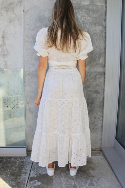 California White Embroidery Anglaise Shirred Waist Tiered Maxi Skirt WW Skirt Seeking Lola   