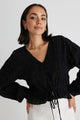 Jolie Black Shirred Cotton LS Button Down Top